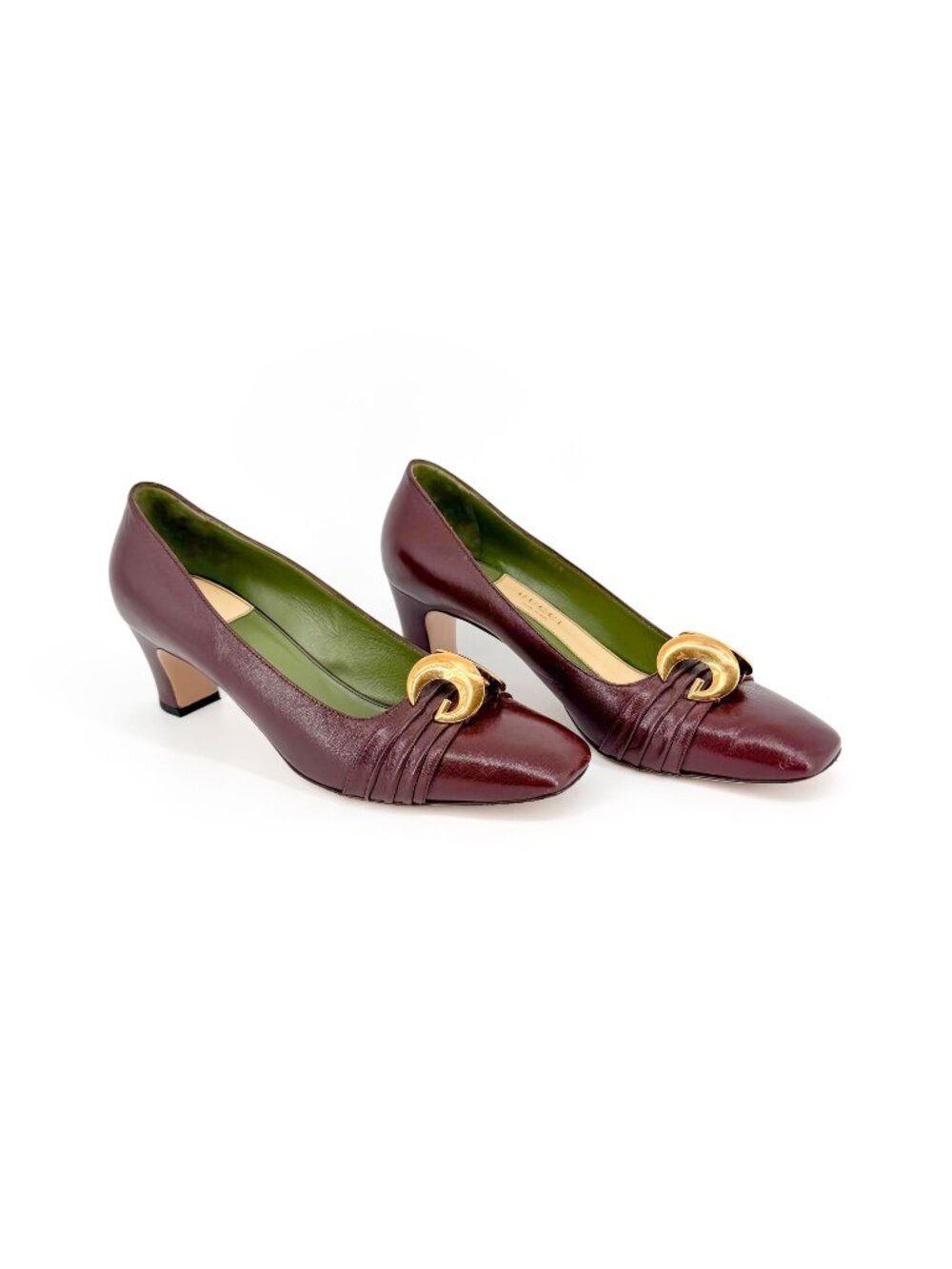 Gucci Usagi Half Moon GG Pumps Heels Burgundy Leather Size 40 US 10 Red Brown